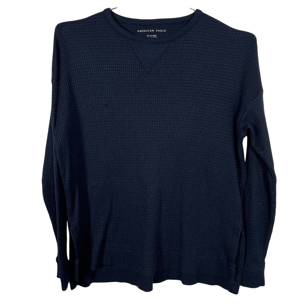 Waffle Knit Navy American Eagle Drop Shoulder Top XS Relaxed Sweater Long Sleeve